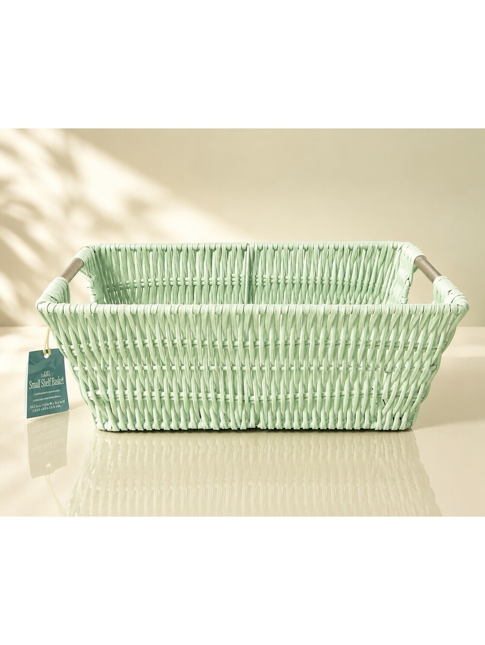 Whitmor Rattique Small Shelf Tote Pale Blue Woven Storage Basket, 11x7x4.5”